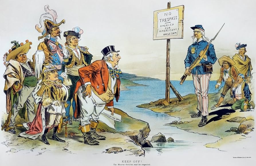 1800s political cartoon of European colonial ambitions with modern Venezuela operation