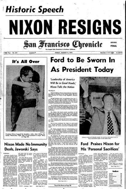 1974 newspaper headlines about Nixon and impoundment with modern HHS documents