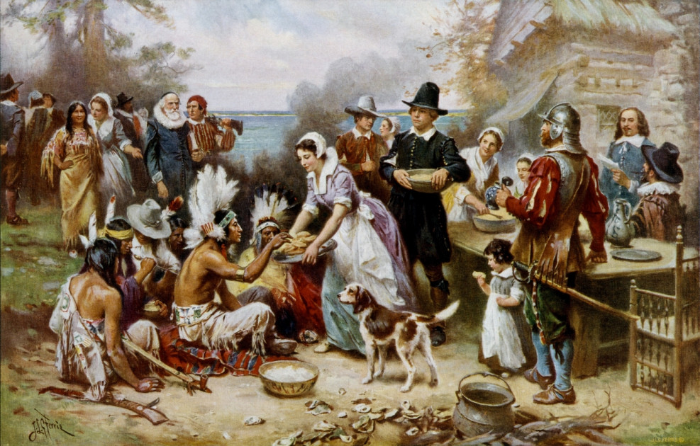 19th century Thanksgiving illustration pilgrims Native Americans