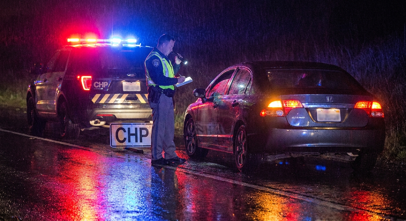 A California Highway Patrol officer standing beside a stopped sedan on the shoulder at night with flashing patrol lights reflecting off the roadway, news photography style