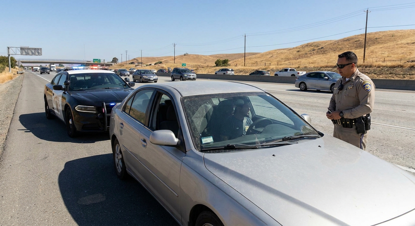 A California highway patrol officer standing beside a pulled-over sedan on a wide highway shoulder in daylight, realistic news photography style