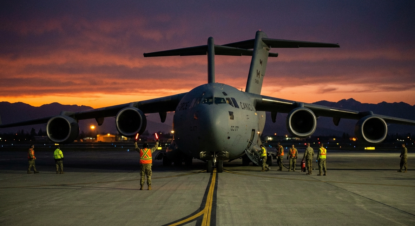 A Canadian military aircraft on a runway at dusk with ground crew nearby