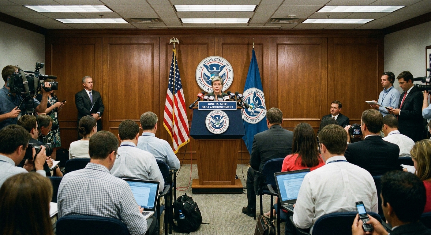 A Department of Homeland Security press briefing room in Washington, DC during a June 2012 announcement, with officials at a podium and reporters seated, real news photograph