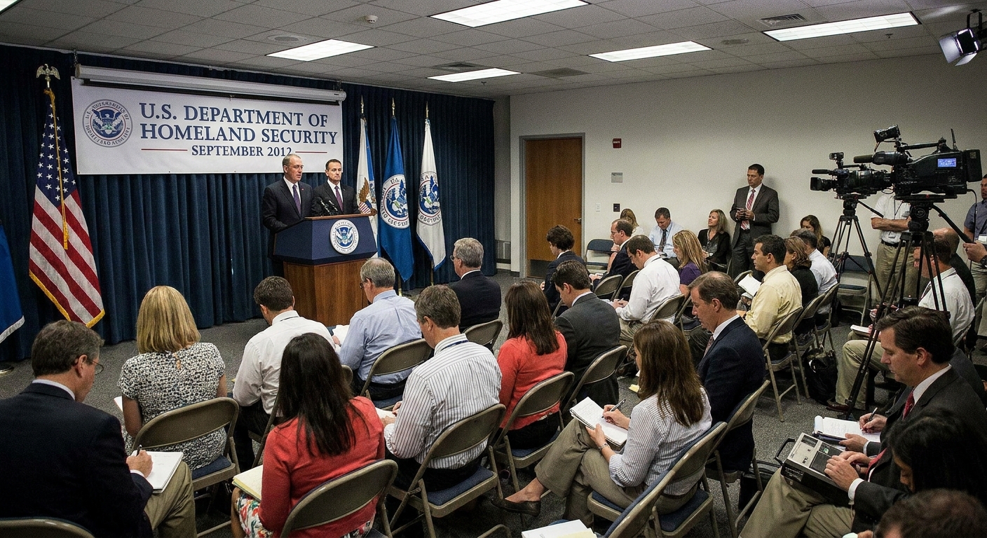 A Department of Homeland Security press briefing room in Washington, DC during a 2012 announcement, with officials at a podium and reporters seated, news photography style