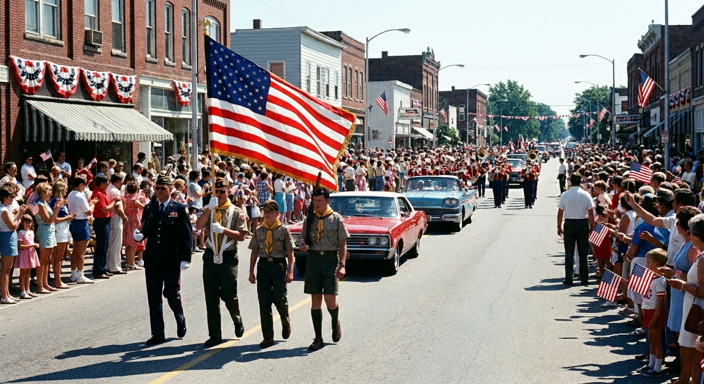 A Fourth of July parade on a small-town main street with an American flag carried at the front, midday sunlight, news photography style