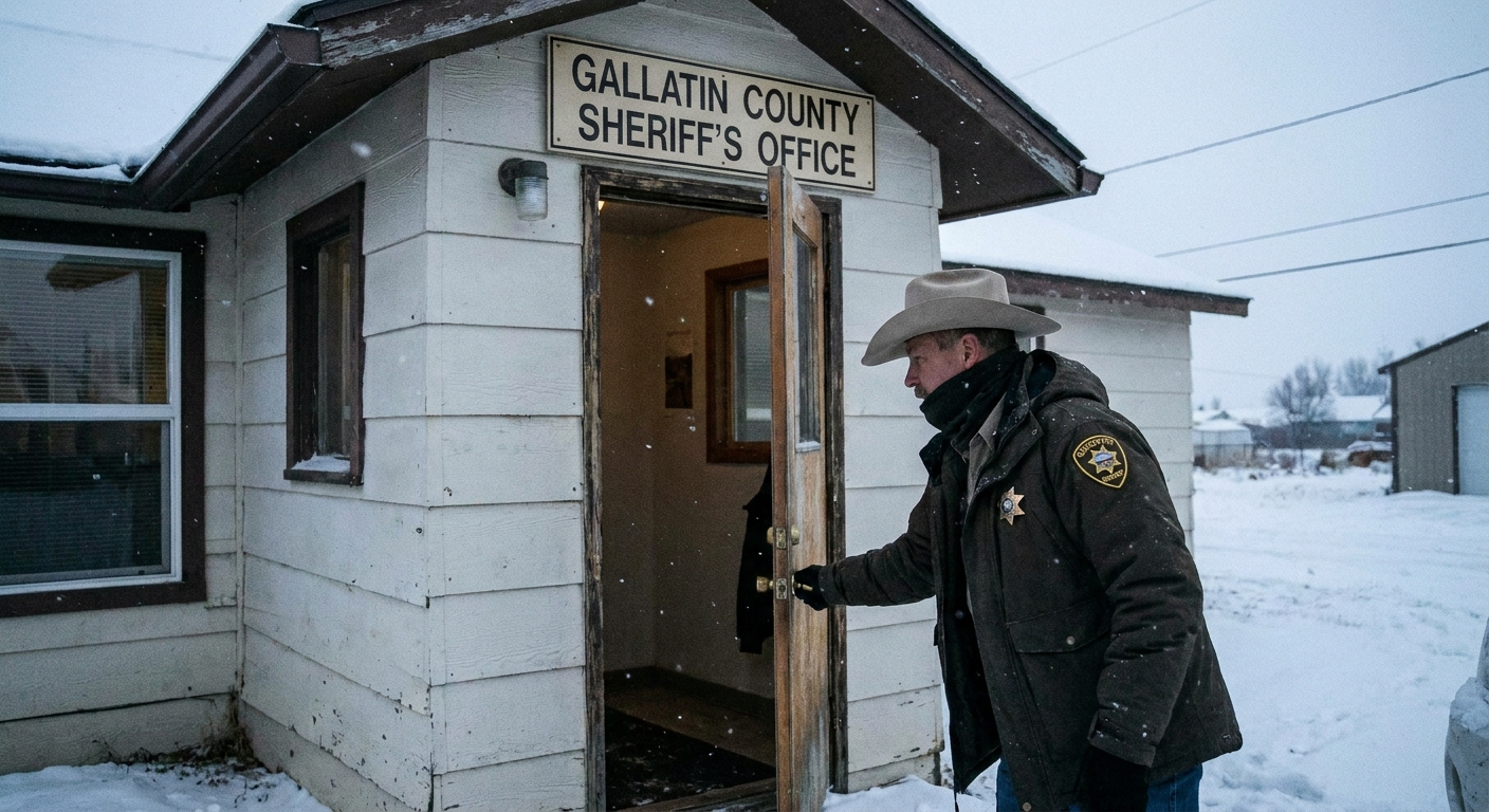 A Montana county sheriff walking into a small sheriff's office building in winter light, documentary news photography style