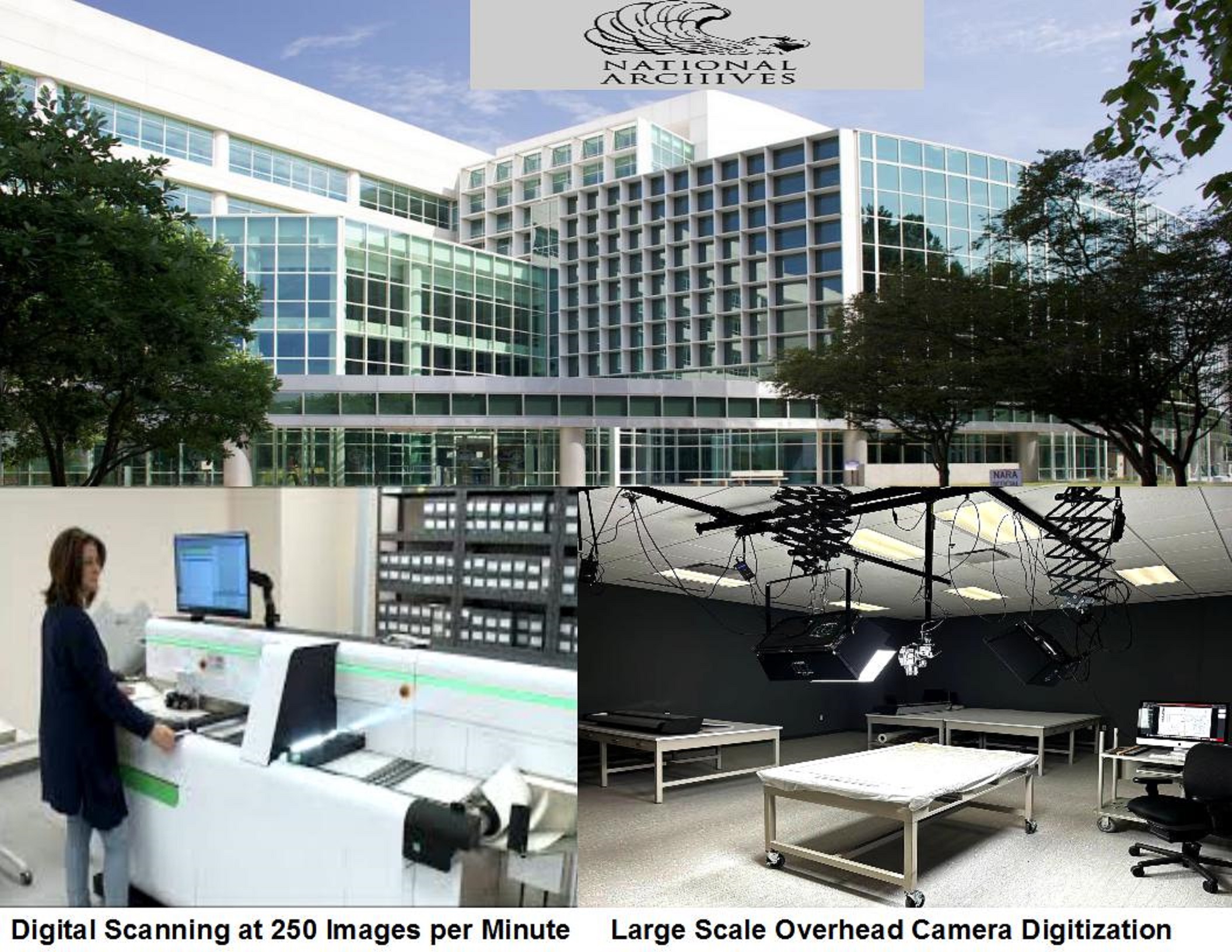 A National Archives facility hallway with secure records storage areas and staff working in the background, news photography style