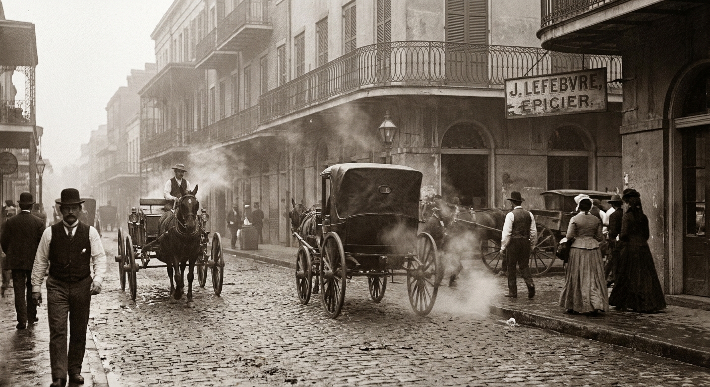 A New Orleans street near the French Quarter on a humid afternoon with horse-drawn wagons and pedestrians, historical period photography style