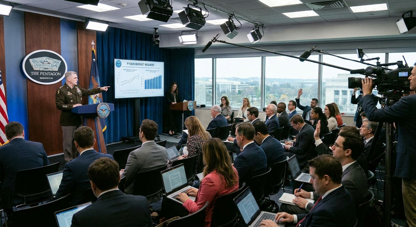 A Pentagon press briefing room in Arlington, Virginia with podium and reporters seated during a budget briefing period, realistic news photography style