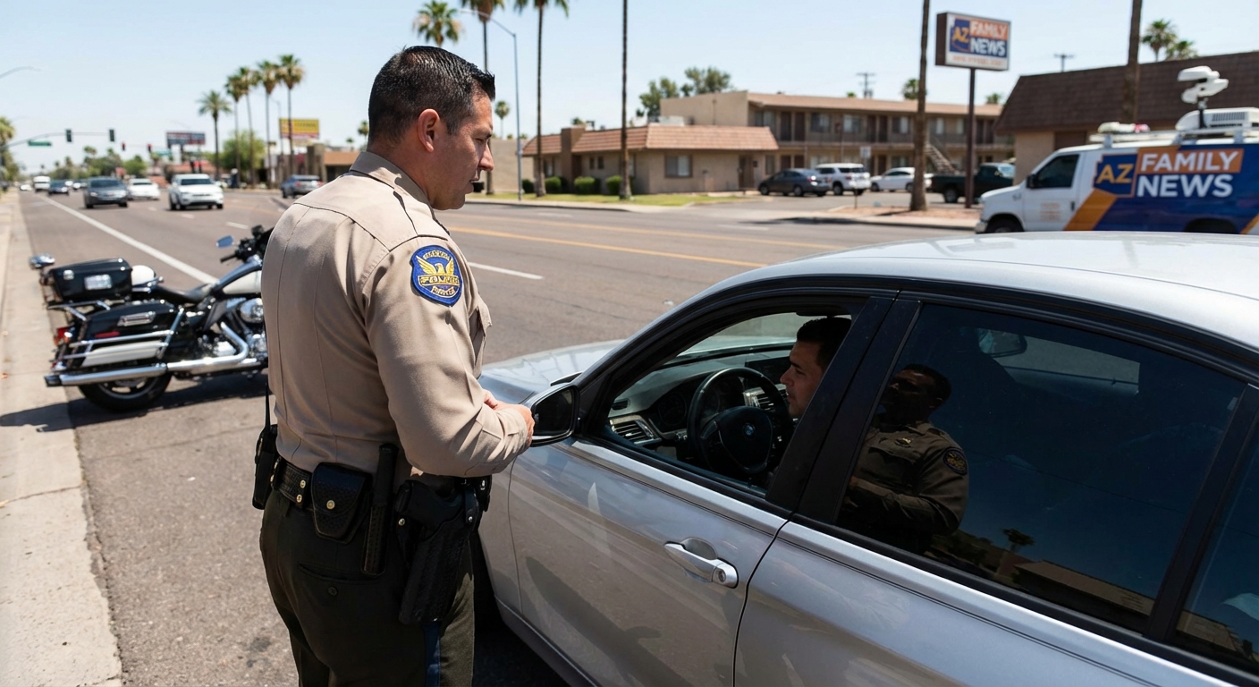 A Phoenix, Arizona police officer standing beside a car during a daytime traffic stop on a city street, news photography style