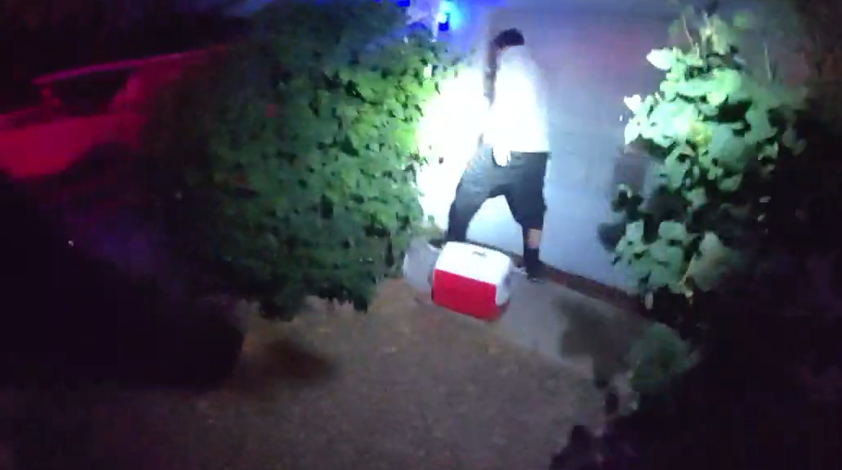 A Phoenix, Arizona police officer using a flashlight while standing at the threshold of a dimly lit apartment doorway during a nighttime call, news photography style
