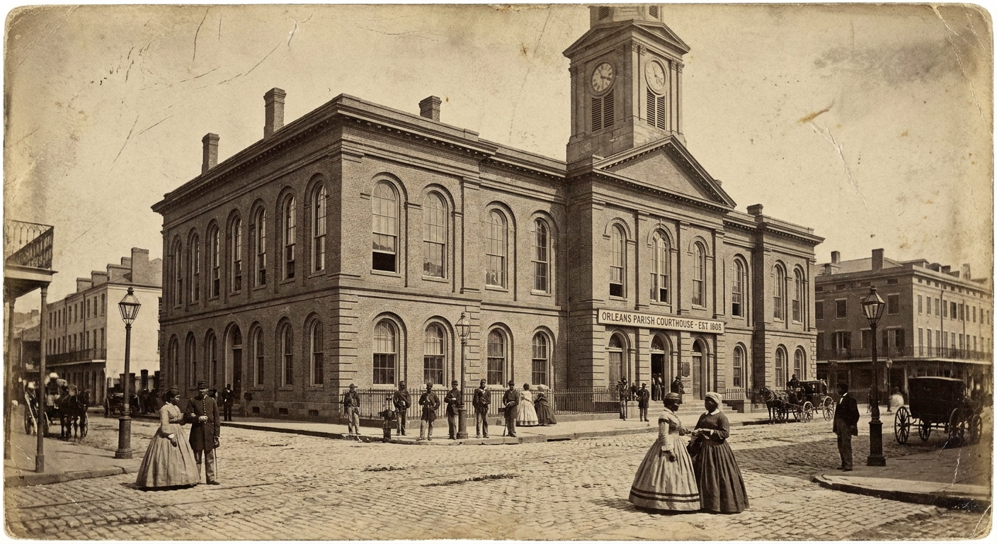A Reconstruction-era brick courthouse in New Orleans photographed in daylight with people standing near the entrance, historical reenactment photography style