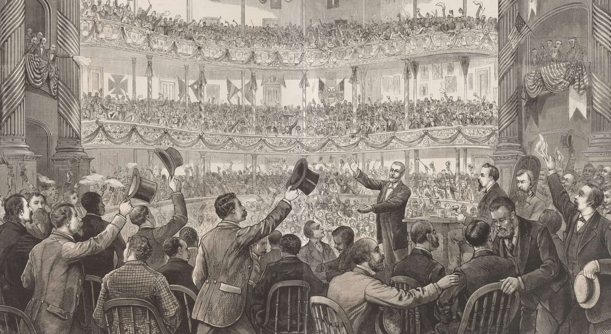 A Reconstruction era view inside the U.S. House chamber in Washington, D.C., with lawmakers seated at desks during a tense legislative session, period-accurate historical photograph style