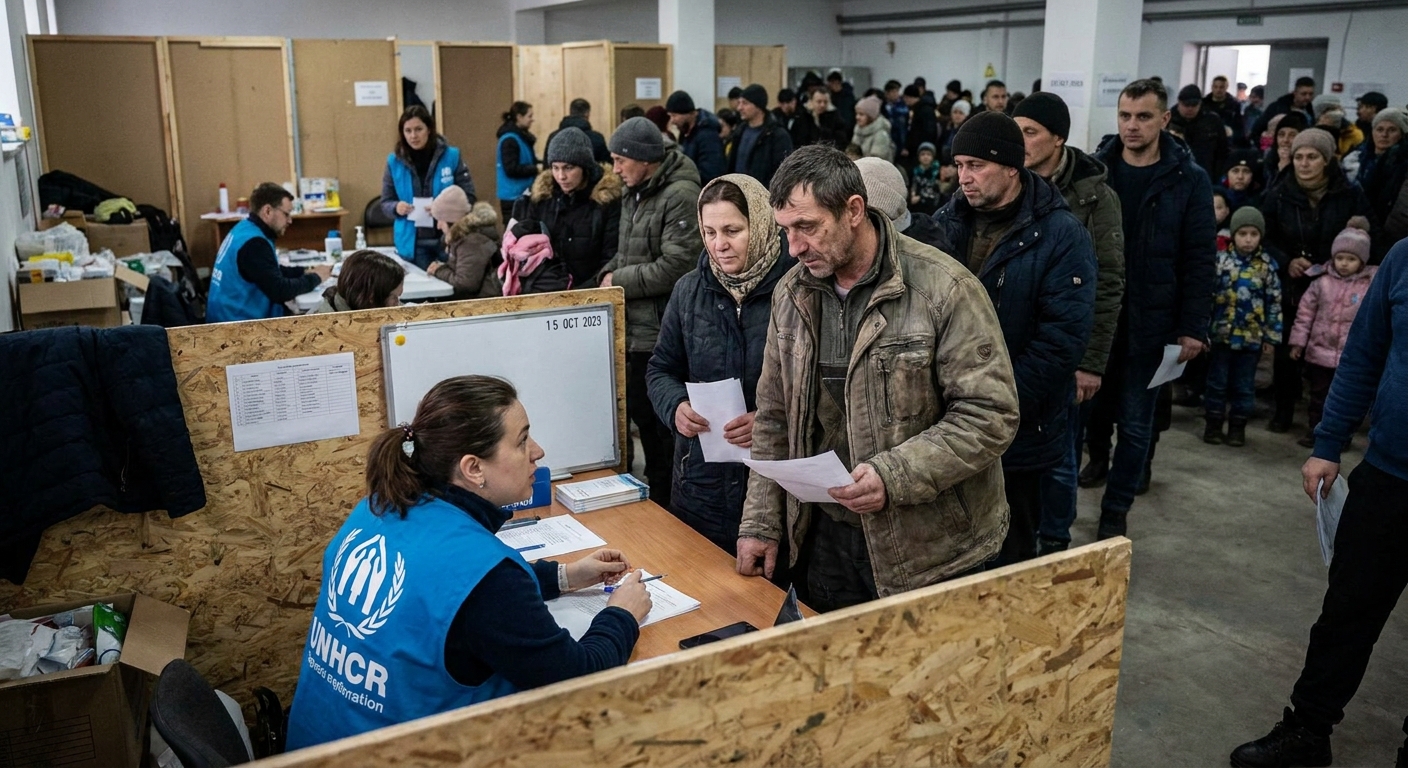 A UNHCR staff member speaking with a refugee applicant at a registration desk inside a crowded aid office, documentary news photography style