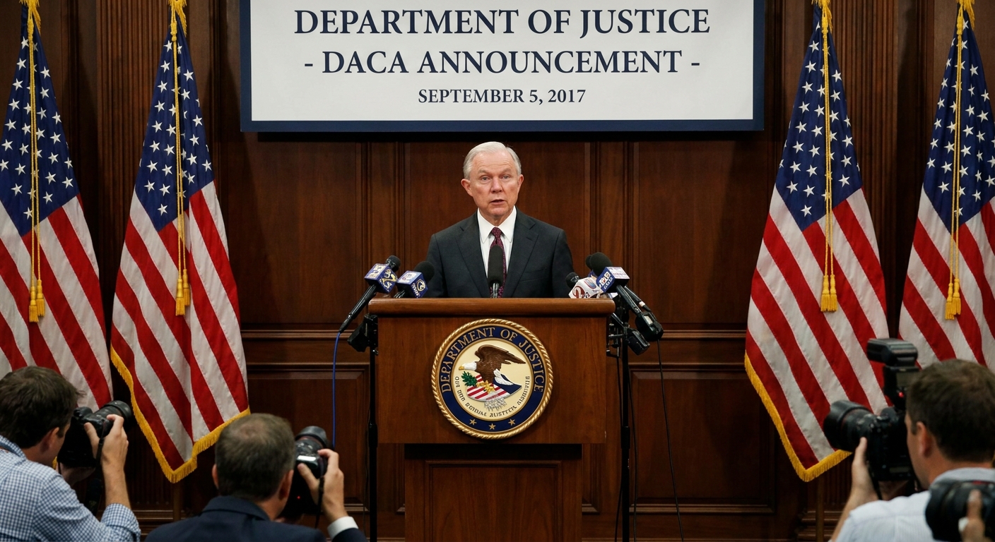 A U.S. Attorney General speaking at the Department of Justice in Washington, D.C. during a September 2017 announcement about rescinding the DACA policy, with American flags behind the podium, news photography style