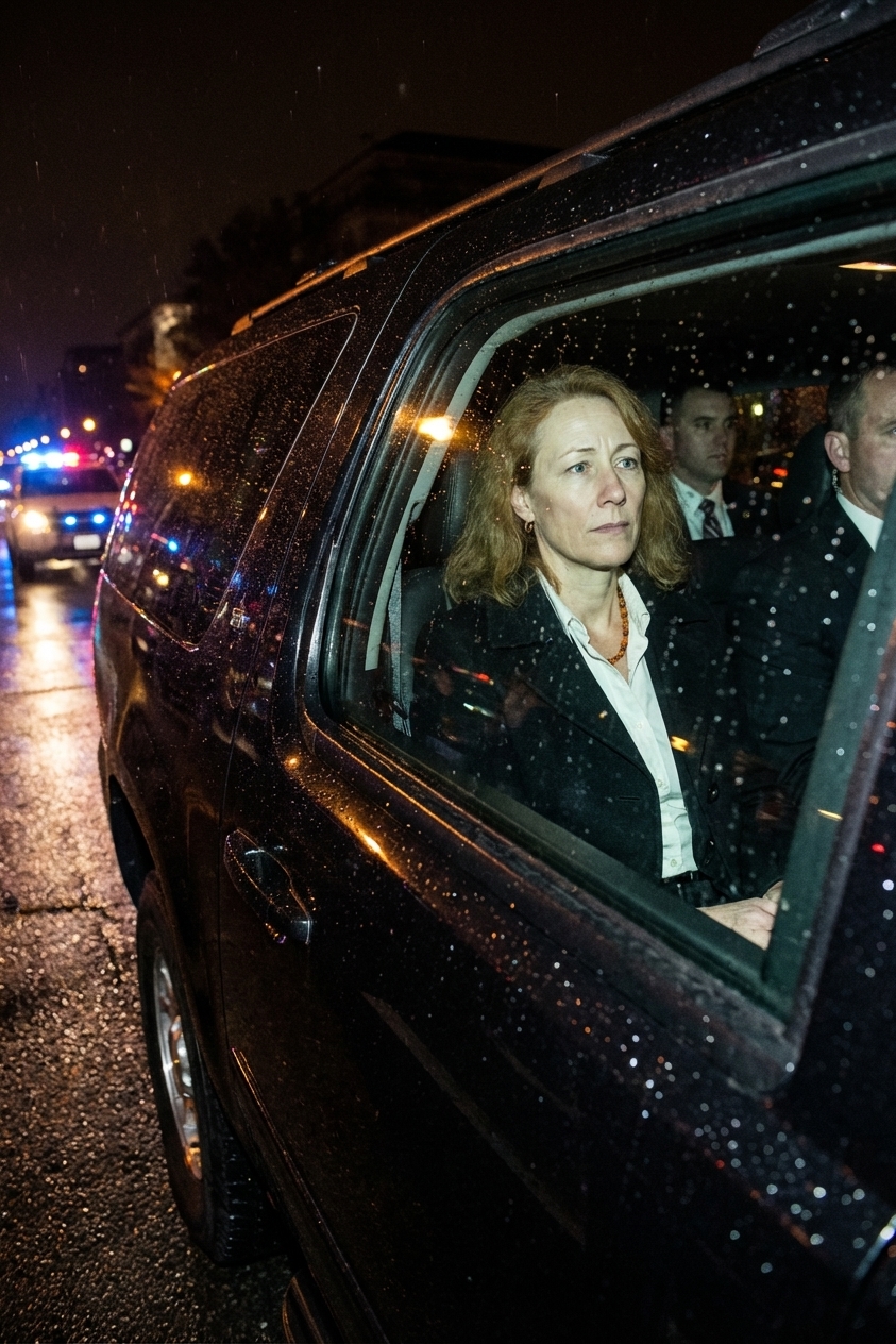 A U.S. Cabinet official traveling in a secure motorcade at night as part of designated survivor continuity planning, news photography style