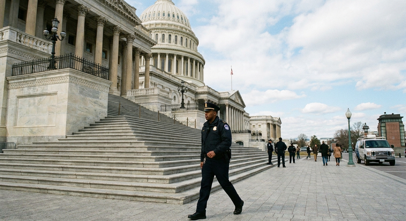 A U.S. Capitol police officer walking past the steps of the United States Capitol in Washington, DC, in daytime, documentary news photography style