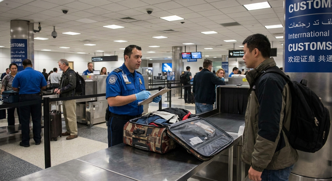 A U.S. Customs and Border Protection officer standing beside a traveler’s open suitcase on a stainless inspection table inside an international airport customs area, documentary news photograph style