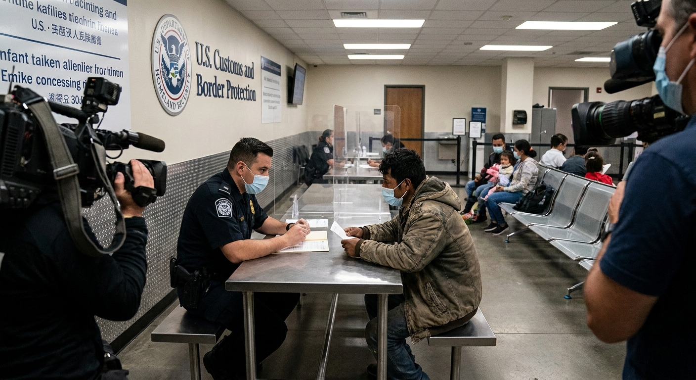 A U.S. Customs and Border Protection processing area inside a border facility, with an officer speaking to a migrant seated across a table, documentary news photography style