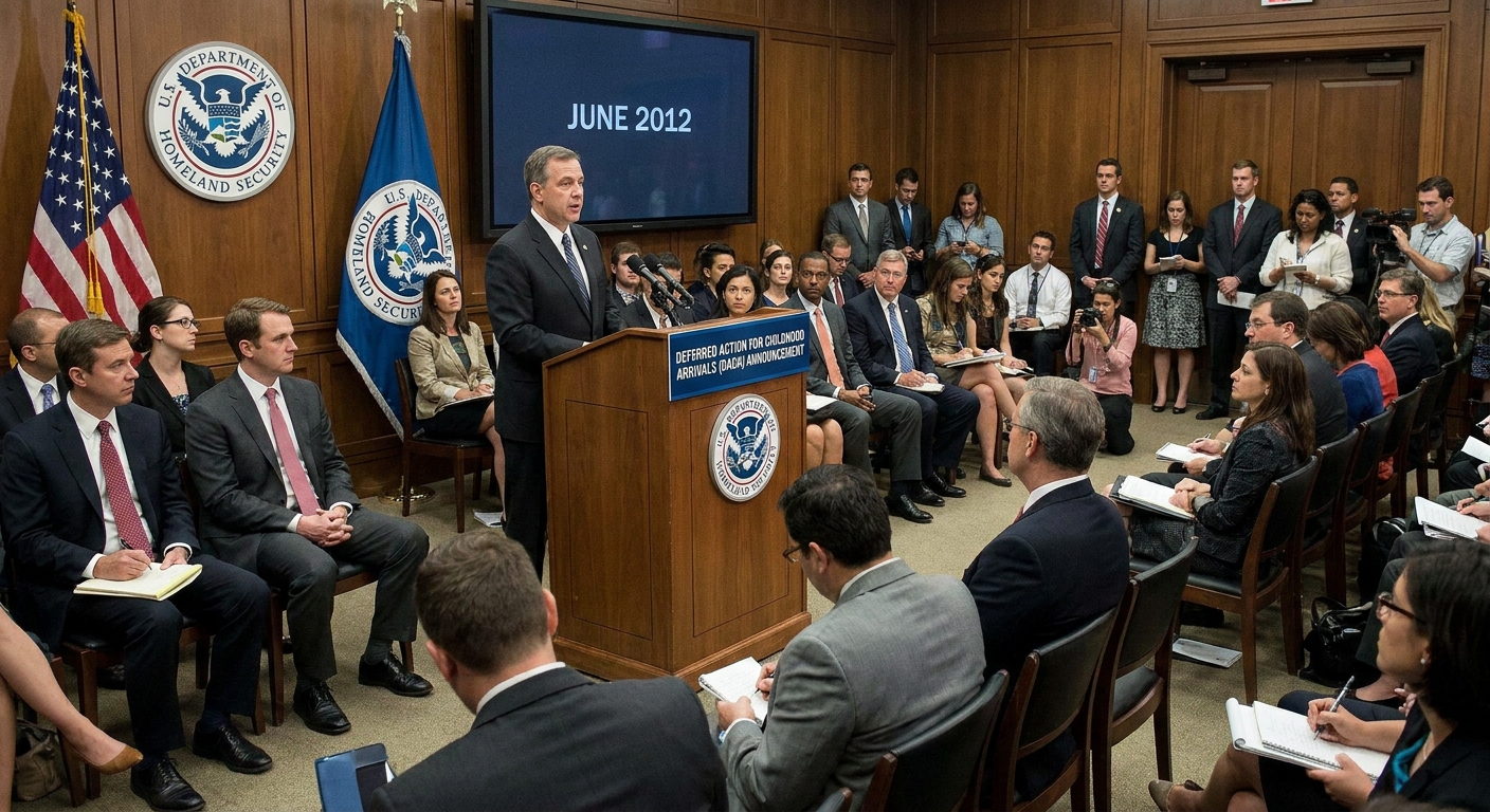 A U.S. Department of Homeland Security official speaking at a podium in Washington, D.C. during a June 2012 press announcement about Deferred Action for Childhood Arrivals, with audience members seated in a government briefing room, news photography style