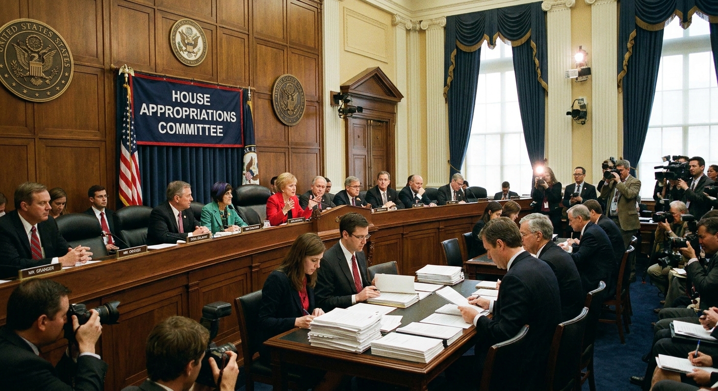 A U.S. House Appropriations Committee hearing room in Washington, DC, with lawmakers seated at the dais and staff members reviewing documents at a witness table, news photography style