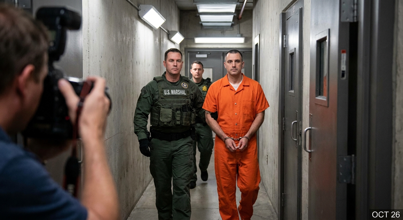 A U.S. Marshals Service deputy in tactical attire escorting a handcuffed federal detainee through a secure corridor inside a federal courthouse, news photography style