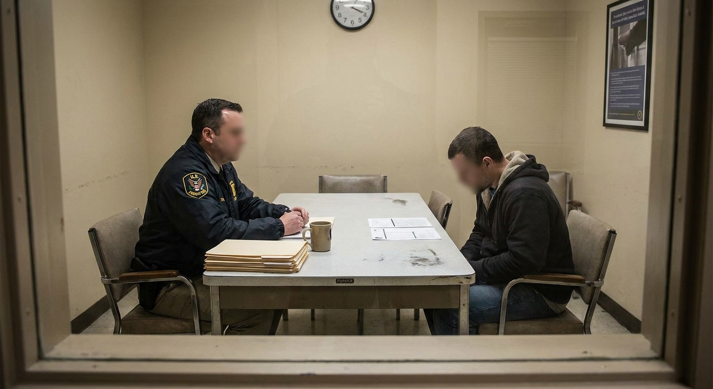 A U.S. Probation Officer seated across a table from a defendant in a plain office interview room with paperwork on the table, documentary news photography style