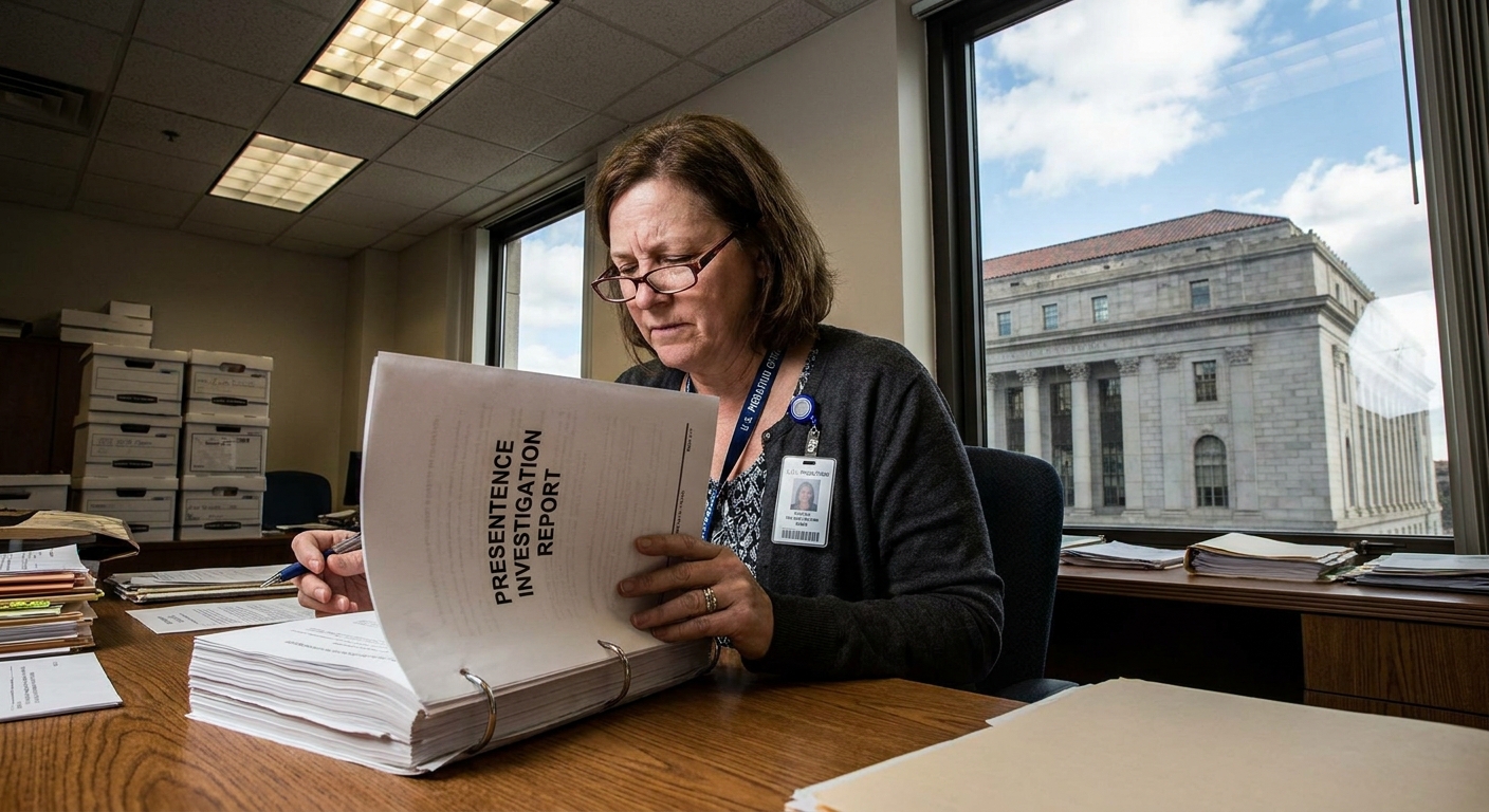 A U.S. Probation officer reviewing a printed presentence investigation report at a desk with a courthouse setting in the background, documentary photo style