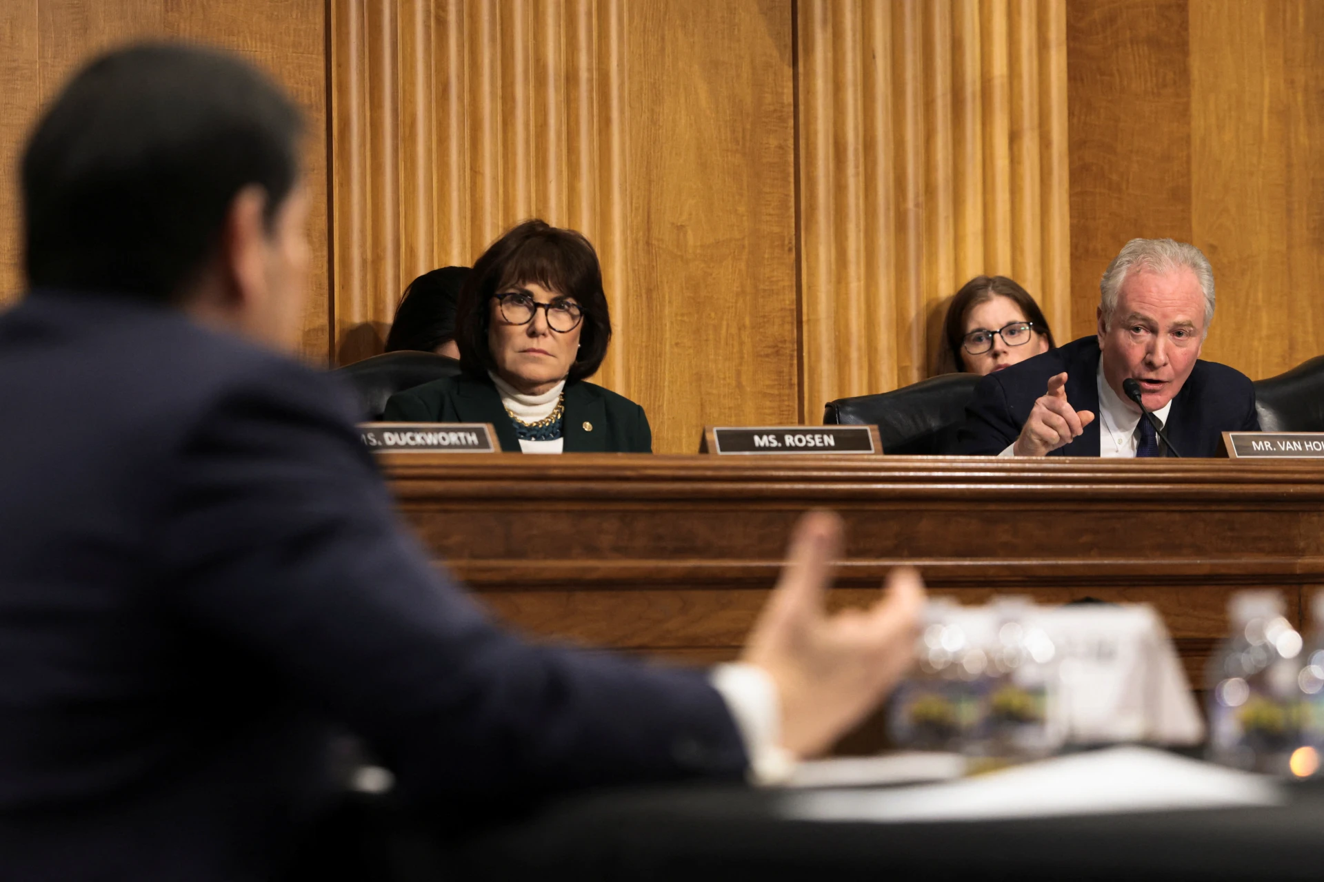 A U.S. Senate committee hearing room in Washington, D.C., with senators seated at the dais during a foreign relations hearing, news photography style