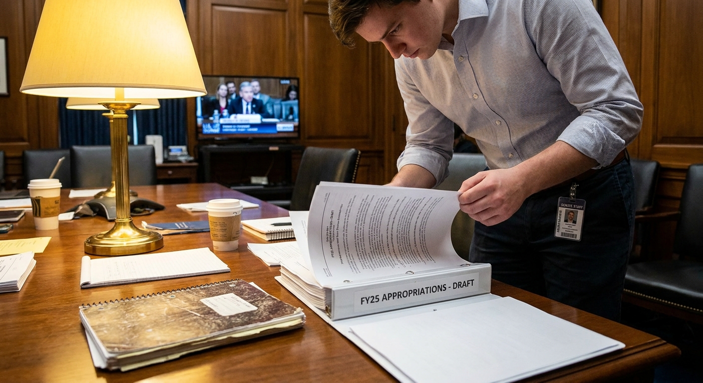 A U.S. Senate staffer in a Capitol office flipping through a thick stack of appropriations documents on a conference table under warm indoor lighting, news photography style