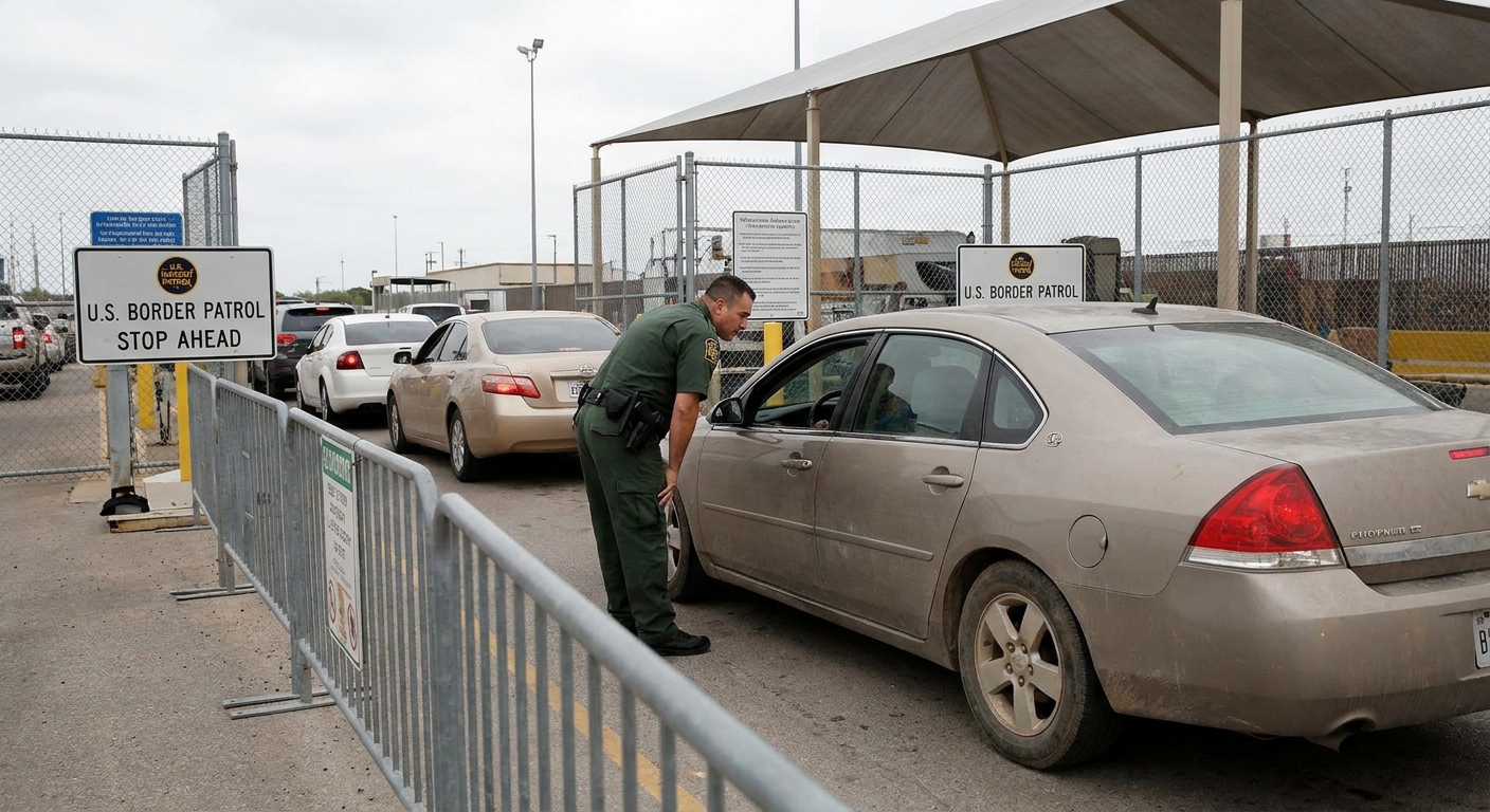 A U.S. border checkpoint lane with an officer speaking to a driver through a car window, daytime news photography style