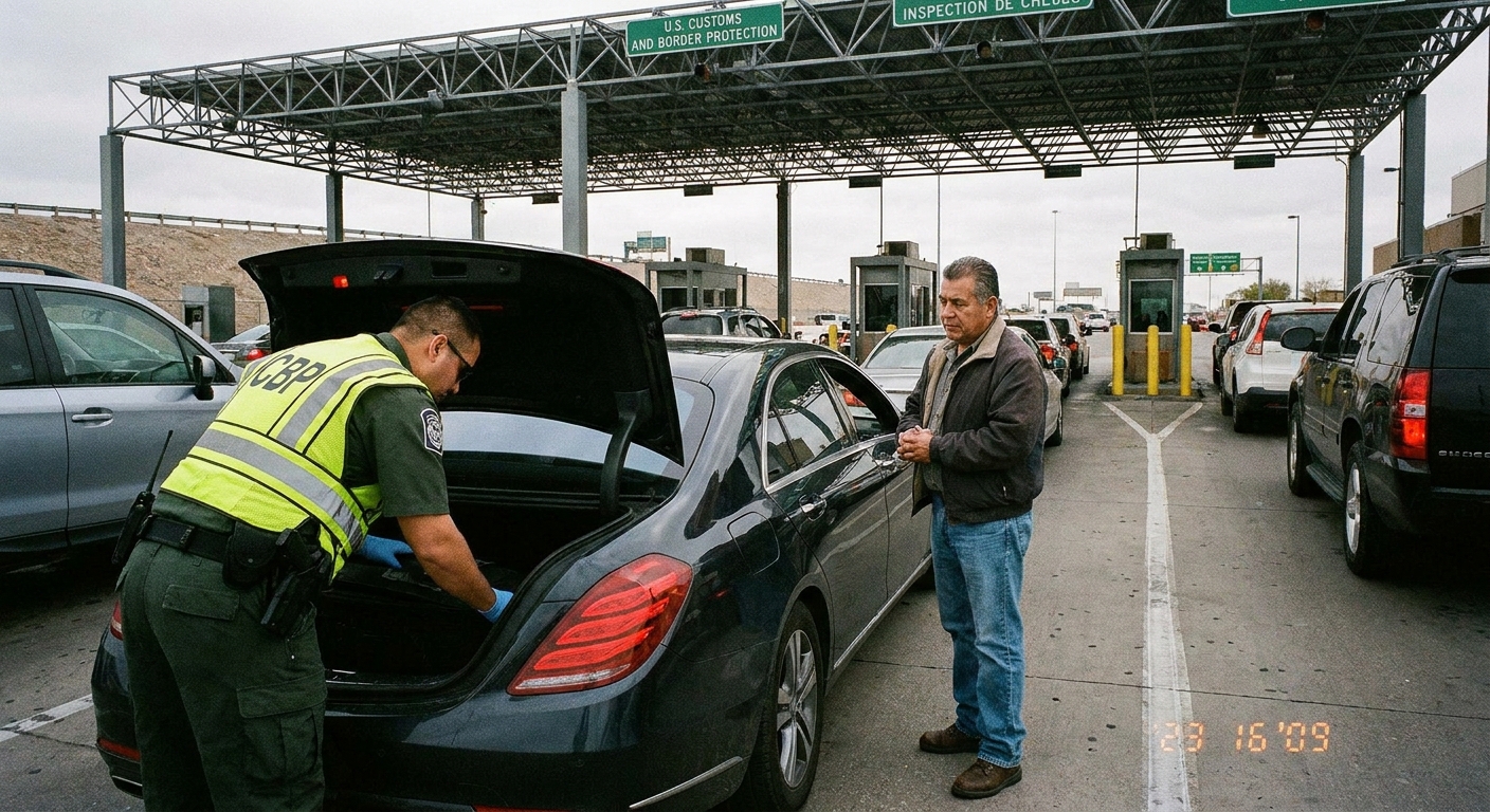 A U.S. border inspection lane at a land port of entry where a customs officer examines the open trunk of a sedan while the driver stands nearby, realistic news photo style