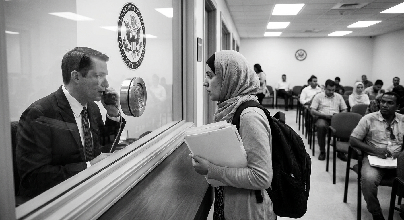 A U.S. consular officer speaking with a visa applicant across a glass window inside a U.S. consulate waiting area, documentary-style photography