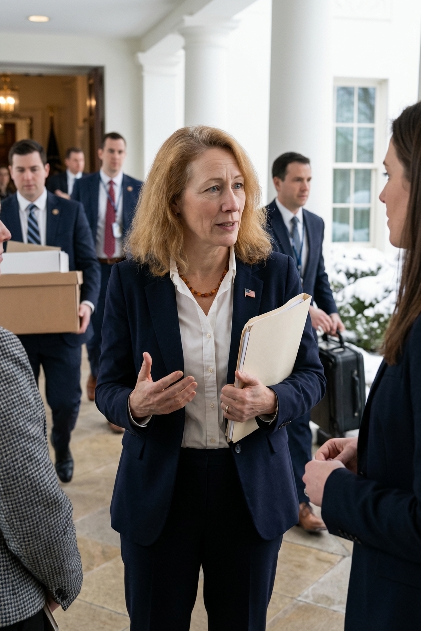 A U.S. president at the White House in Washington, D.C., photographed during a winter transition period with staff moving through a corridor, news photography style