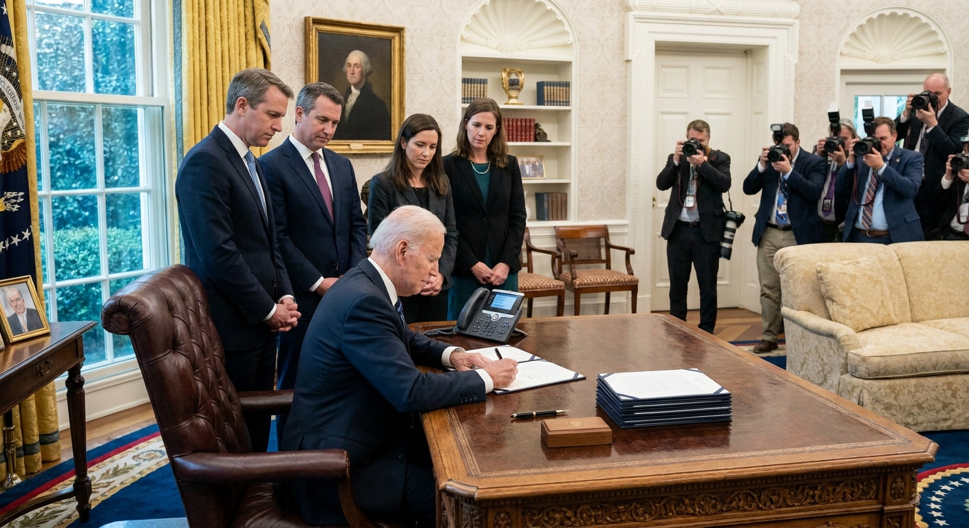 A U.S. president seated at a desk in the White House signing legislative documents with aides standing nearby, news photography style