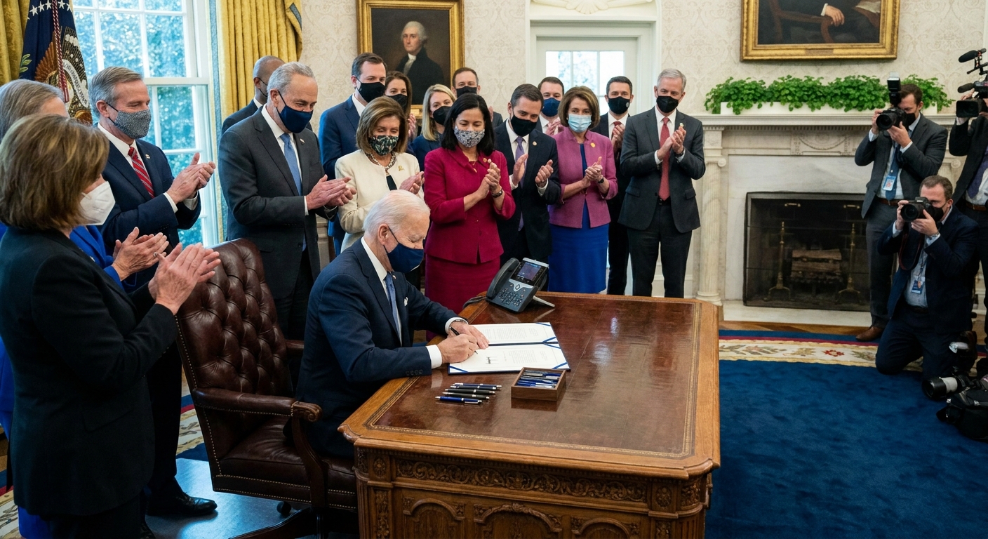 A U.S. president seated at a desk in the White House signing a bill while staff and members of Congress stand nearby, news photography style