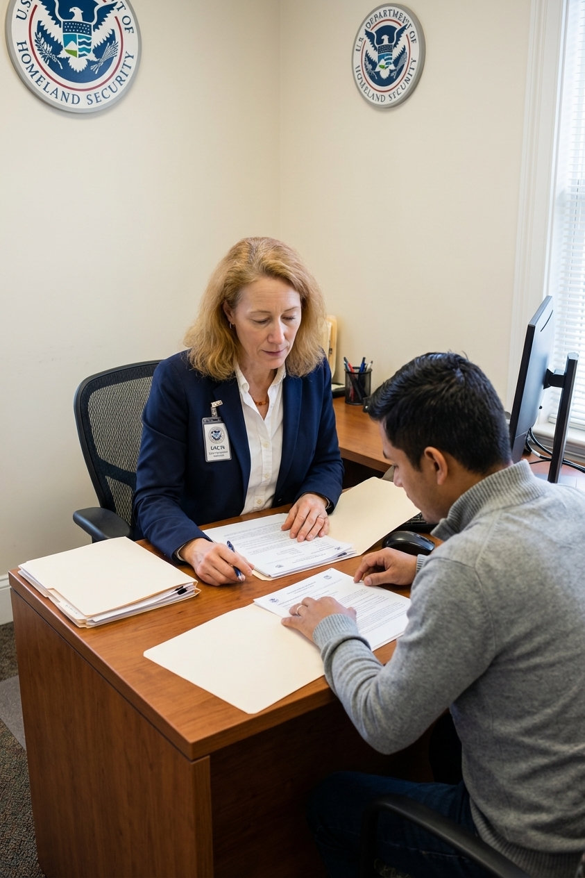 A USCIS officer seated at a desk interviewing an applicant in a small office, both looking at documents on the desk, photorealistic