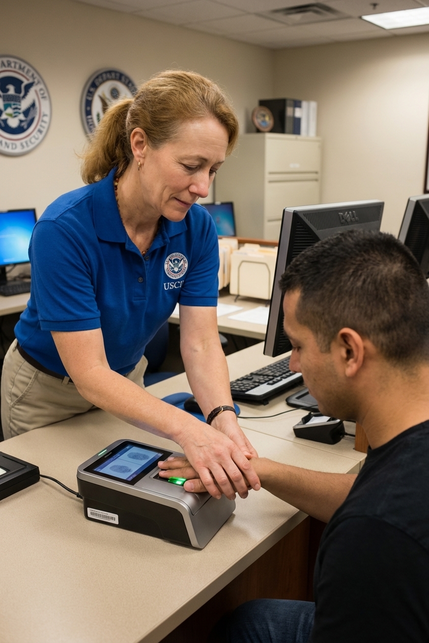 A USCIS staff member capturing fingerprints on an electronic scanner with the applicant seated across a counter, office setting, photorealistic