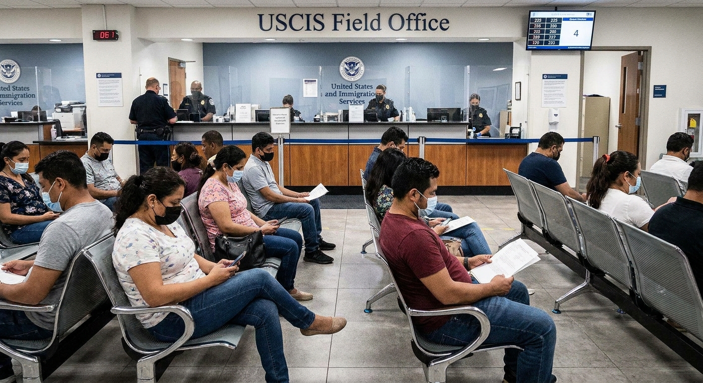 A United States Citizenship and Immigration Services field office waiting room with applicants seated in rows of chairs and a service counter in the distance, news photography style