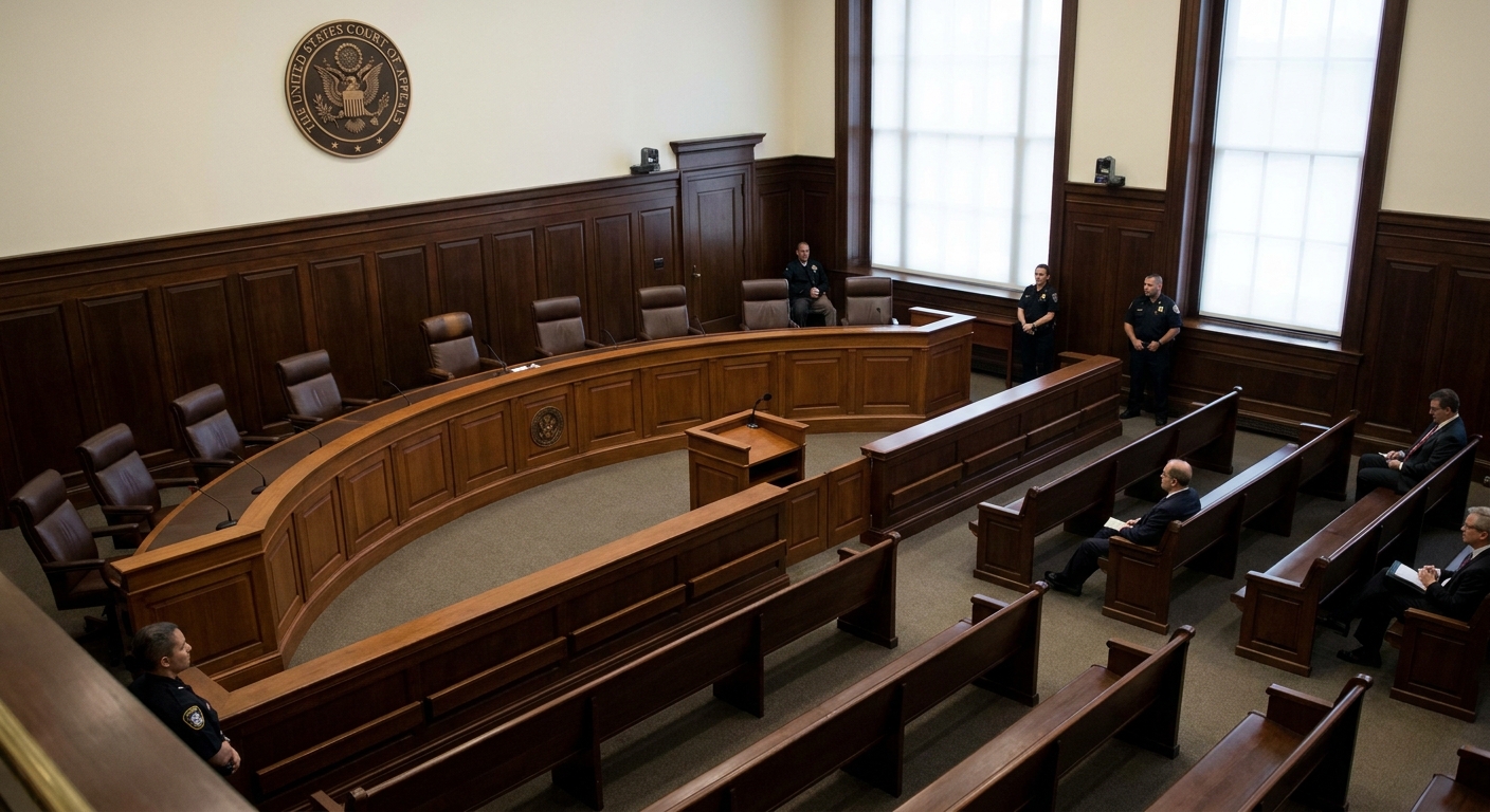 A United States Court of Appeals courtroom with the judges' bench and rows of seating, photographed from the public gallery, news photography style