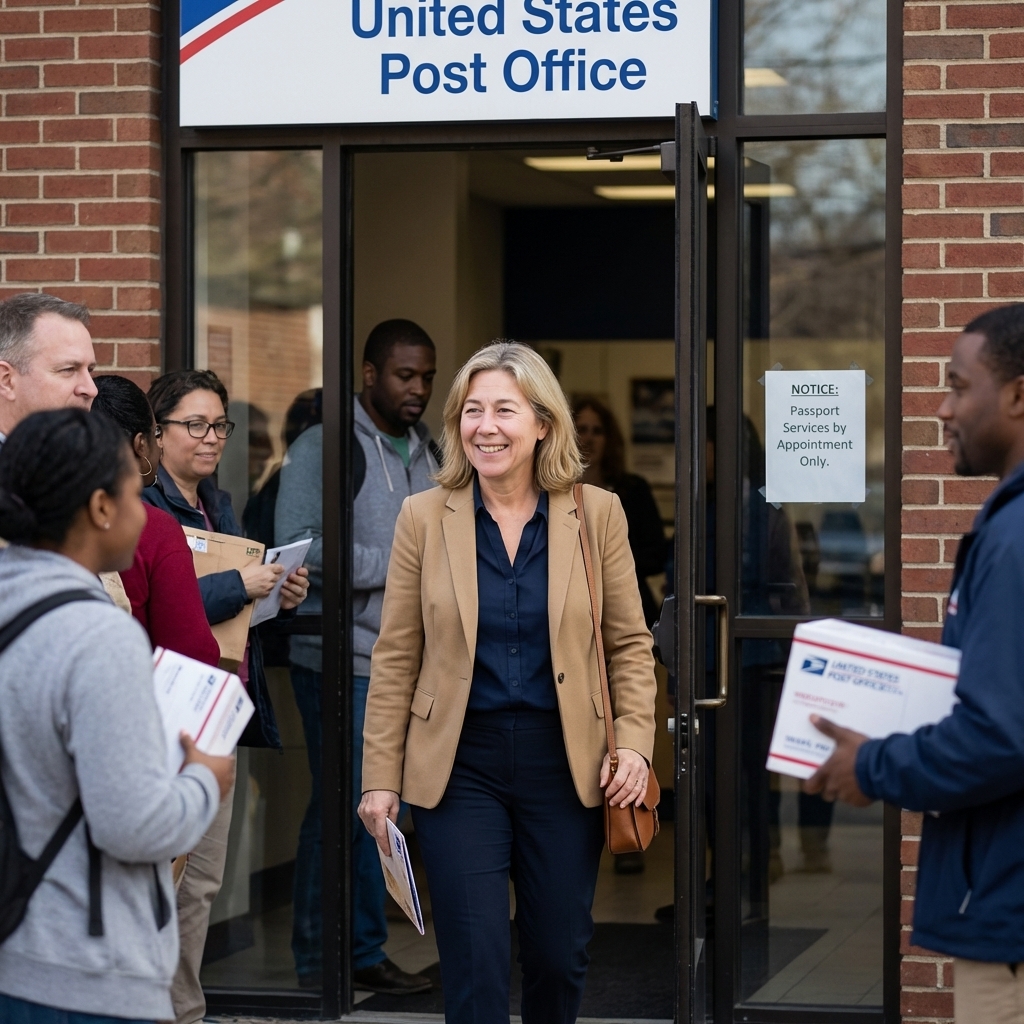A United States Post Office entrance with customers walking in, and a small posted notice near the entryway, news photography style