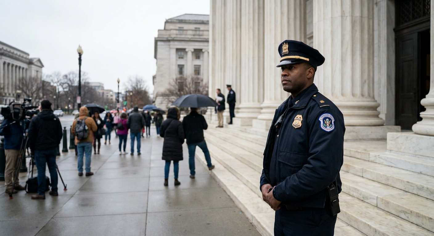 A United States Supreme Court Police officer standing on duty outside the Supreme Court building in Washington, D.C., with pedestrians in the background, news photography style