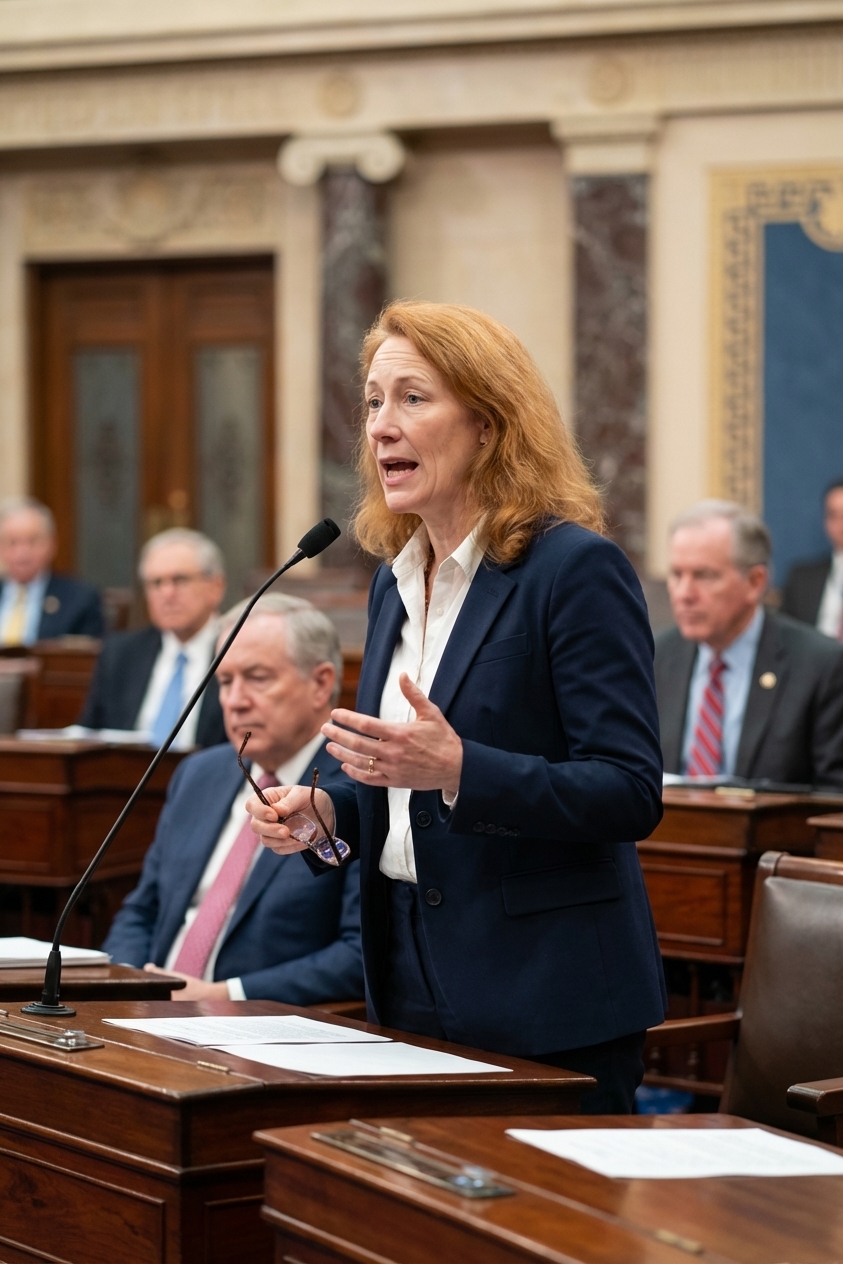 A United States senator standing at a desk on the Senate floor speaking into a microphone, with other senators seated in the background, candid photorealistic news photography