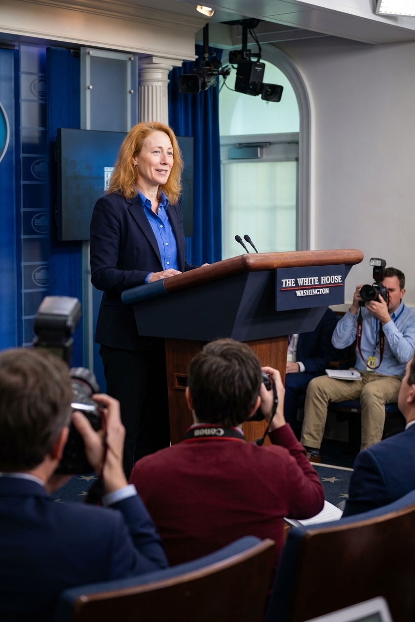A White House press briefing in the James S. Brady Press Briefing Room in Washington, DC, with the lectern and journalists seated, news photography style