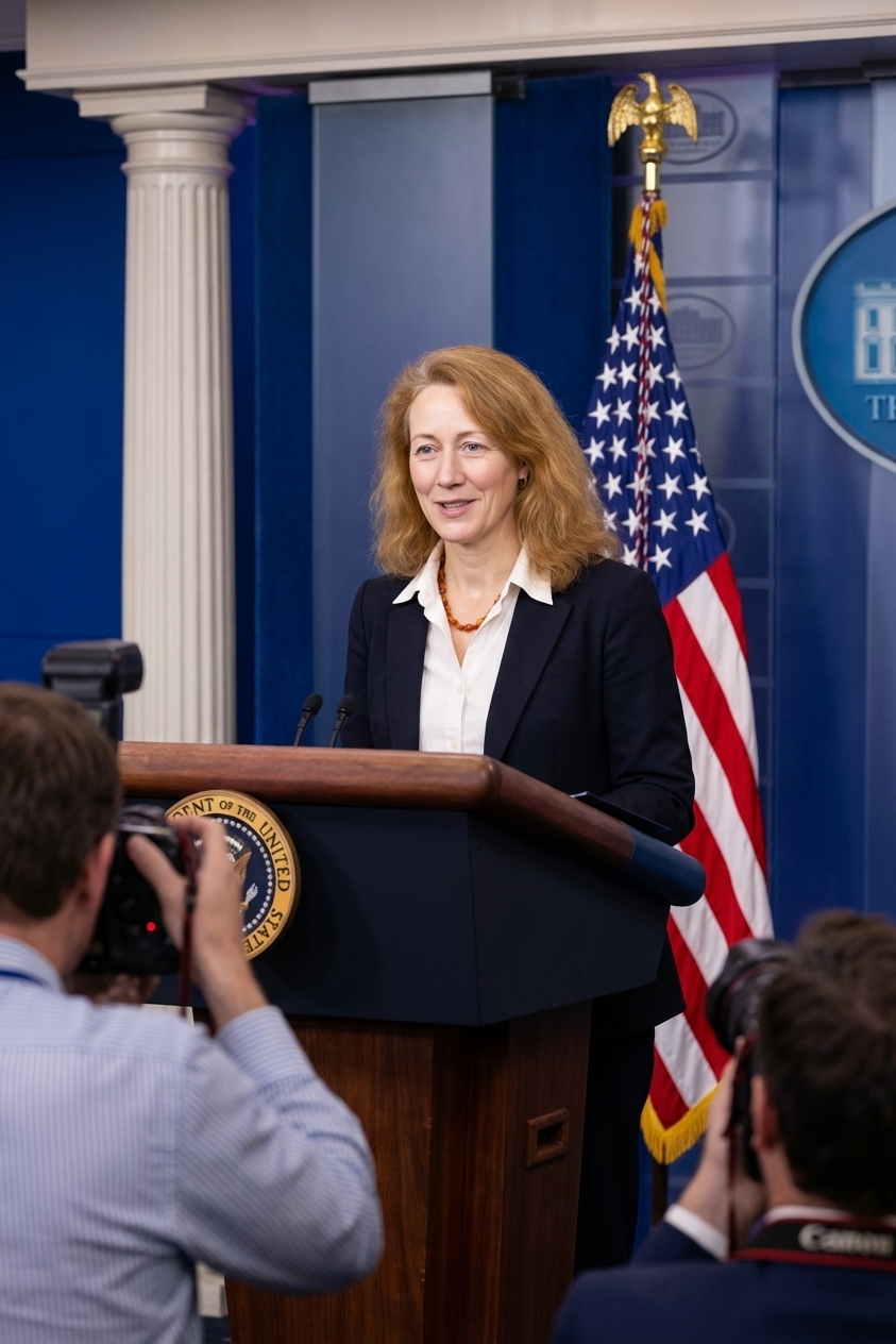 A White House press briefing room with the presidential podium and American flags behind it, news photography style