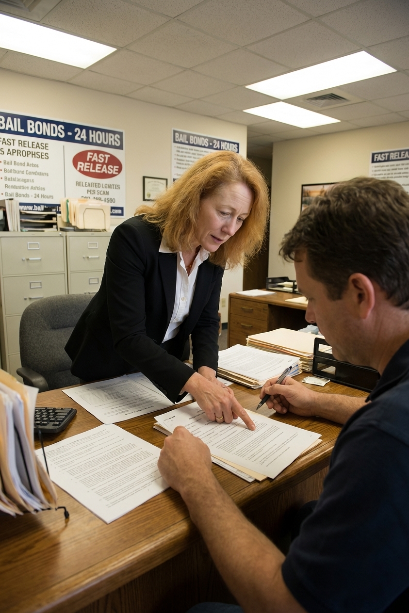 A bail bond office counter with a bondsman reviewing paperwork with a family member, indoor news photo style