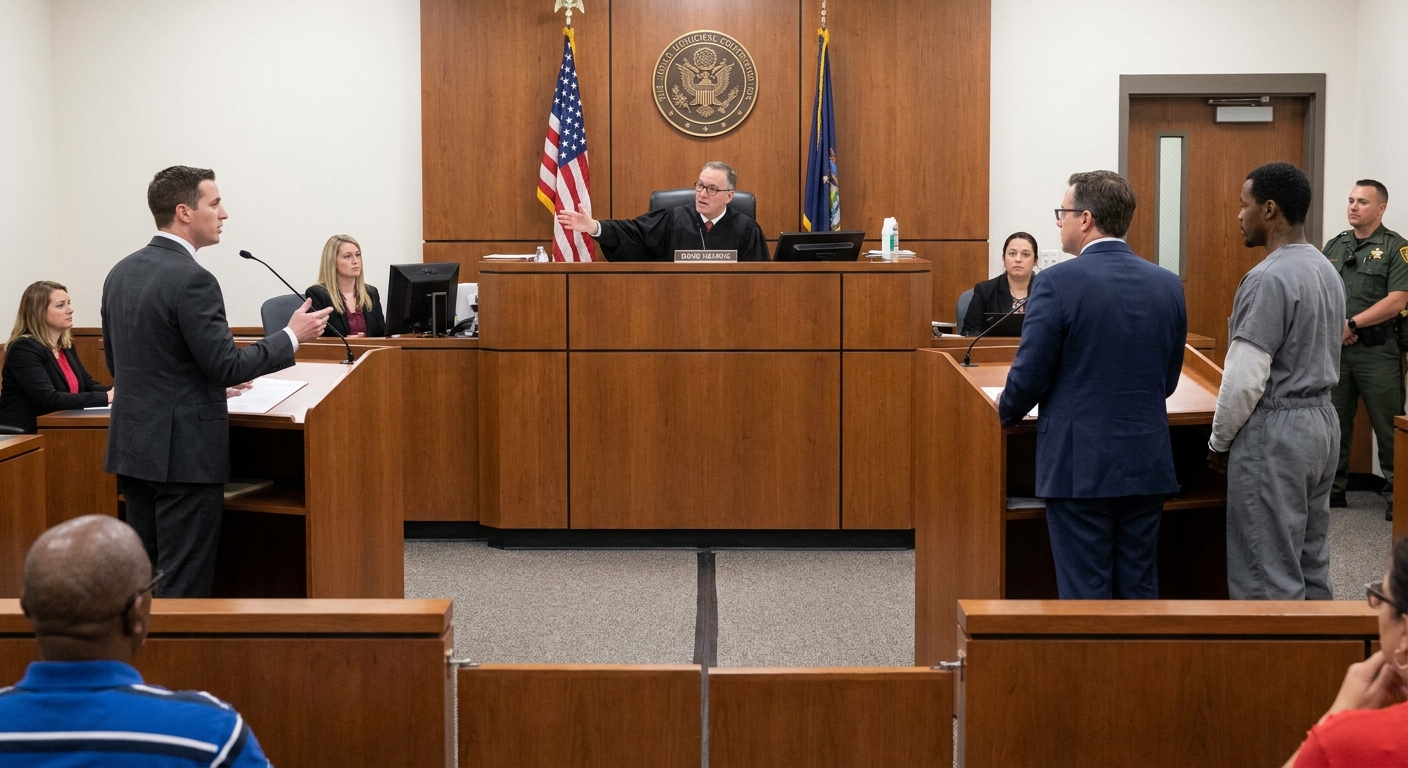 A bond court hearing with a judge hearing short arguments from a prosecutor and a public defender while a defendant stands beside counsel