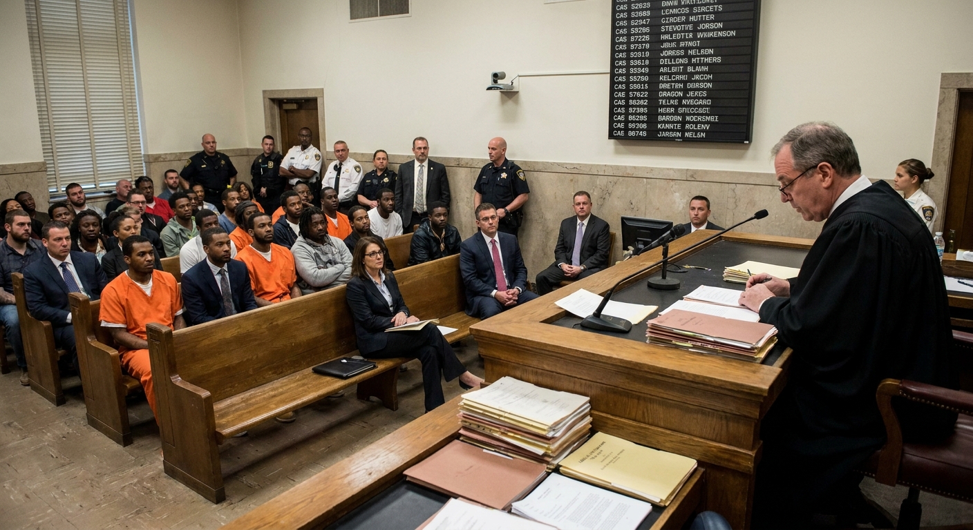 A busy arraignment calendar in a state courthouse, with multiple defendants seated in the gallery while a judge reviews cases from the bench, news photography style