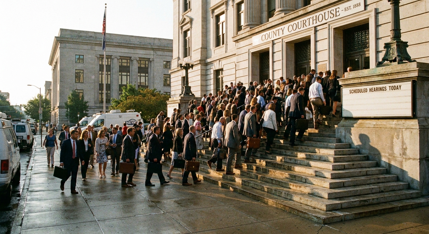 A busy county courthouse exterior early in the morning with people walking up the steps to enter for scheduled hearings, realistic news photography style