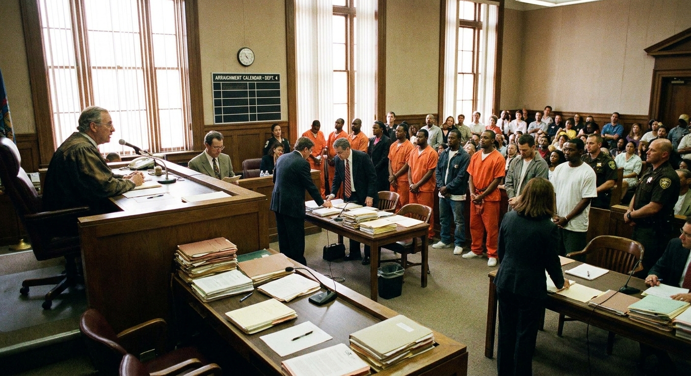 A busy courtroom during an arraignment calendar, with a judge on the bench, attorneys at counsel tables, and several defendants waiting to be called